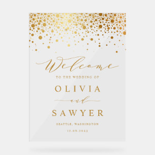 Faux Gold Foil Confetti Dots White Wedding Welcome Acrylic Sign