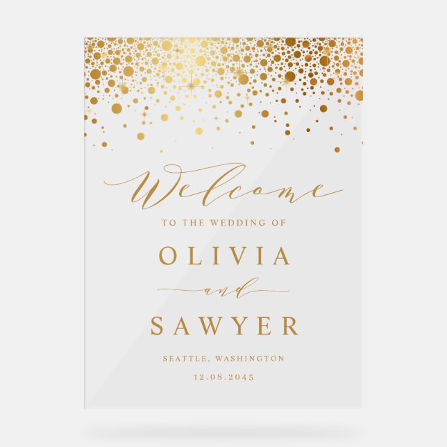 Faux Gold Foil Confetti Dots White Wedding Welcome Acrylic Sign (Front)