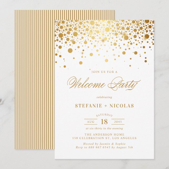 Faux Gold Foil Confetti Dots White Welcome Party Invitation (Front/Back)