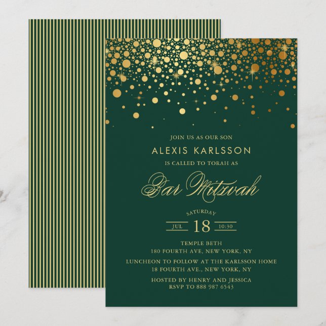Faux Gold Foil Confetti Green Bar Mitzvah Invitation (Front/Back)