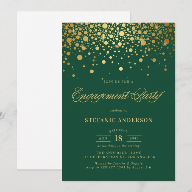 Faux Gold Foil Confetti Green Engagement Party Invitation (Front/Back)