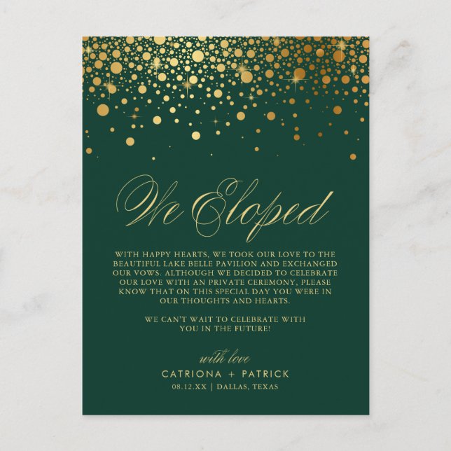 Faux Gold Foil Confetti Green Wedding Elopement Announcement Postcard (Front)