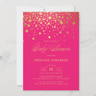 Faux Gold Foil Confetti Hot Pink Baby Shower Invitation
