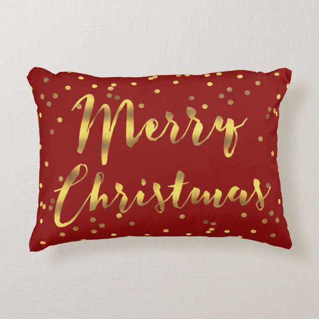 Faux Gold Foil Confetti Merry Christmas Red Decorative Cushion (Front)