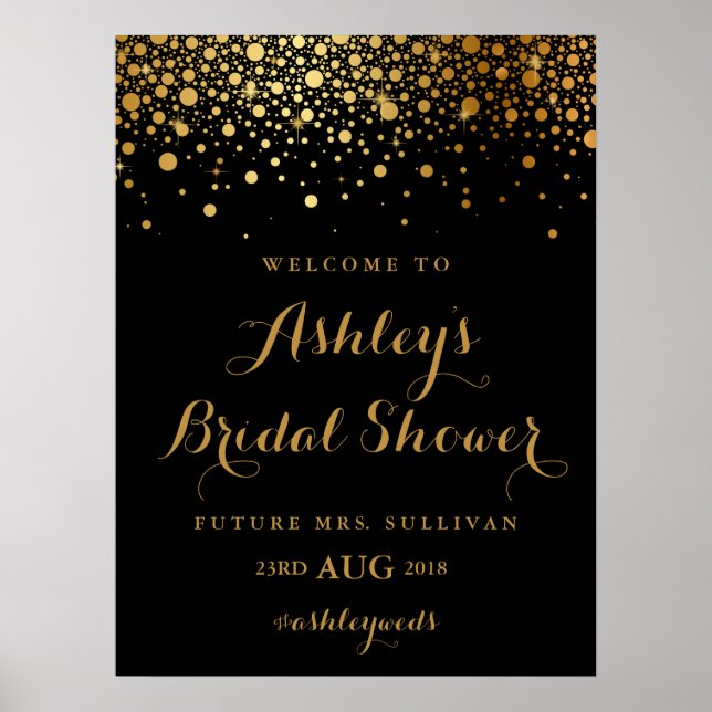 Faux Gold Foil Confetti Modern Black Bridal Shower Poster (Front)