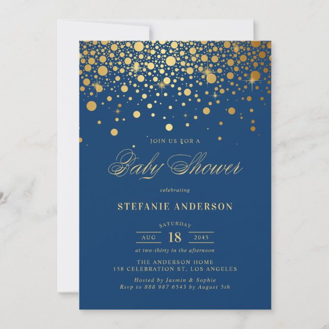 Faux Gold Foil Confetti Navy Baby Shower Invitation (Front)