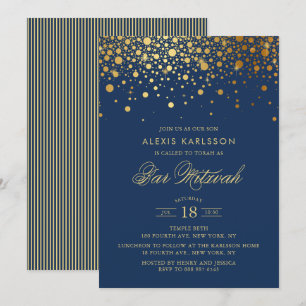 Faux Gold Foil Confetti Navy Blue Bar Mitzvah Invitation