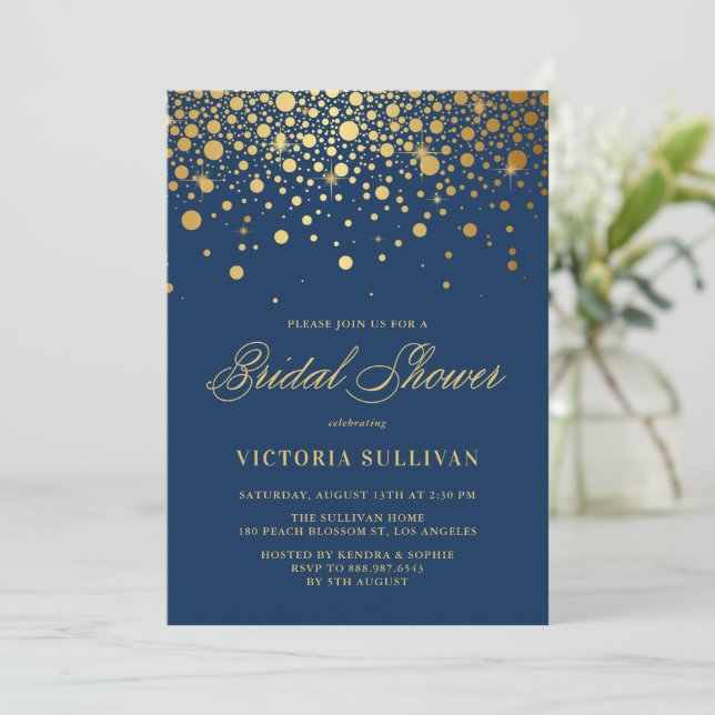Faux Gold Foil Confetti Navy Blue Bridal Shower Invitation (Standing Front)