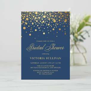 Faux Gold Foil Confetti Navy Blue Bridal Shower Invitation