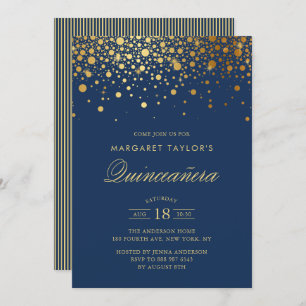 Faux Gold Foil Confetti Navy Blue Quinceañera Invitation