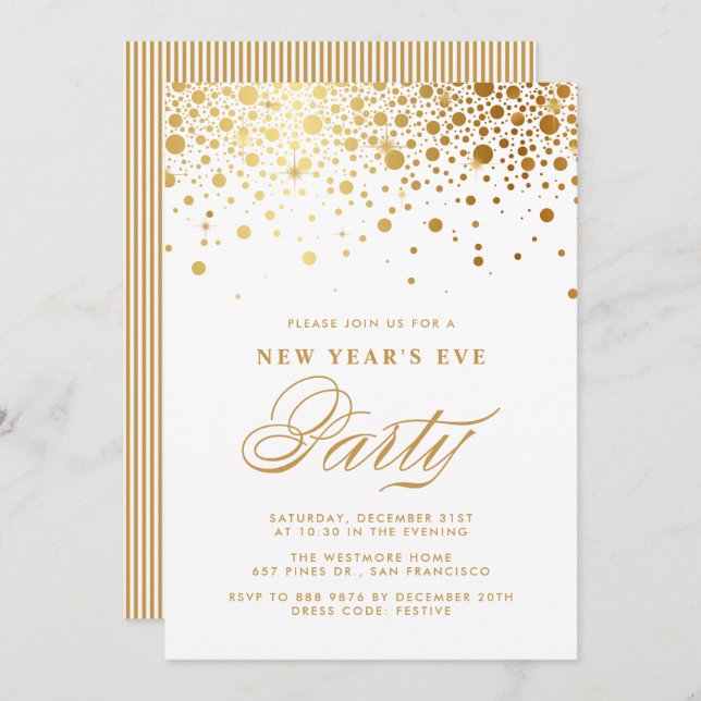 Faux Gold Foil Confetti New Year's Eve Party Invitation (Front/Back)