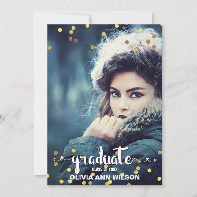 Faux Gold Foil Confetti Photo Graduation Party Invitation (Front)