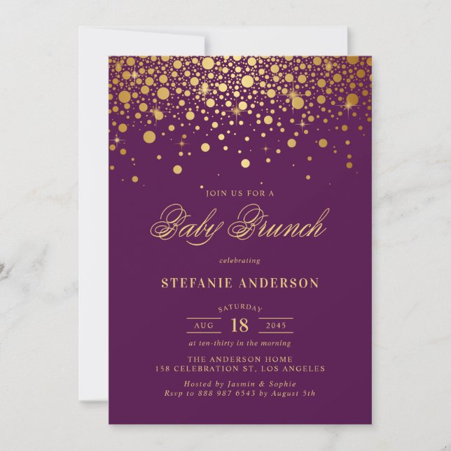 Faux Gold Foil Confetti Purple Baby Brunch Invitation (Front)
