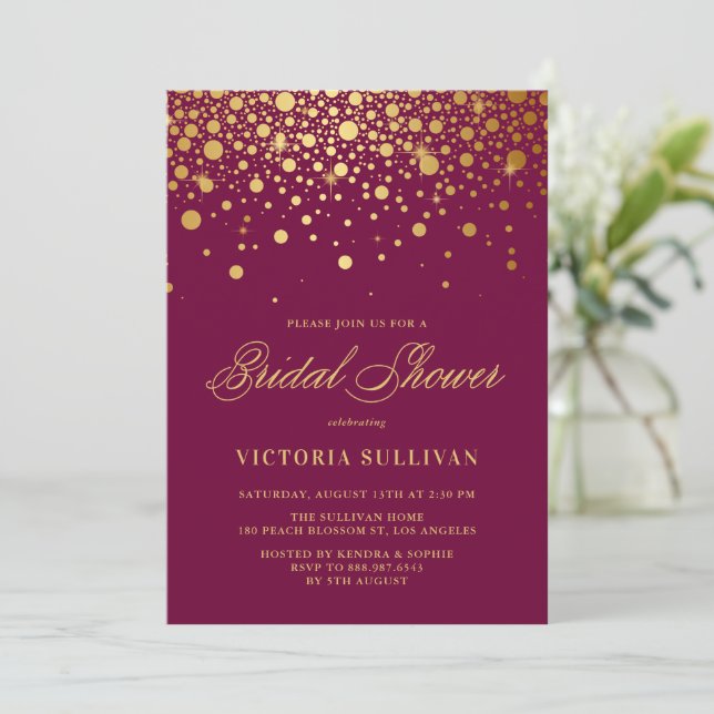 Faux Gold Foil Confetti Purple Bridal Shower Invitation (Standing Front)