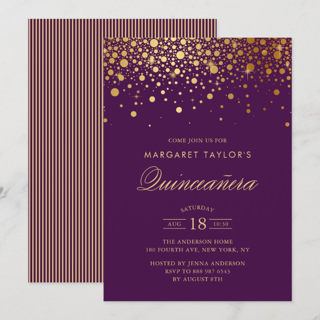 Faux Gold Foil Confetti Purple Quinceañera Invitation (Front/Back)