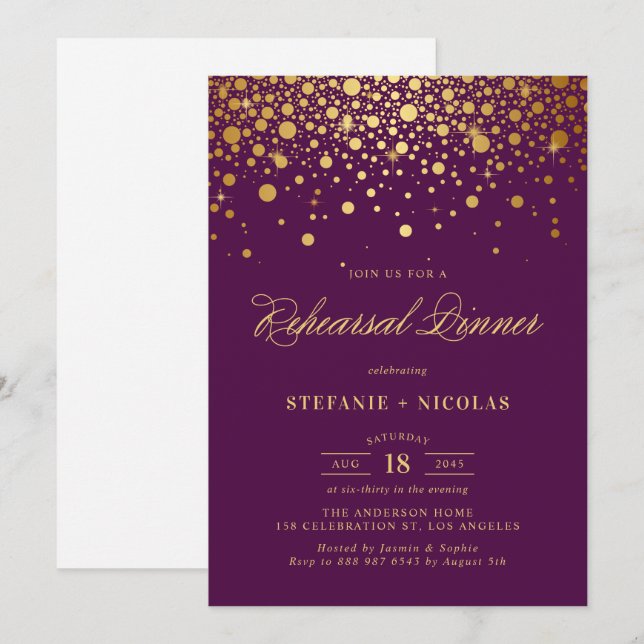 Faux Gold Foil Confetti Purple Rehearsal Dinner Invitation (Front/Back)