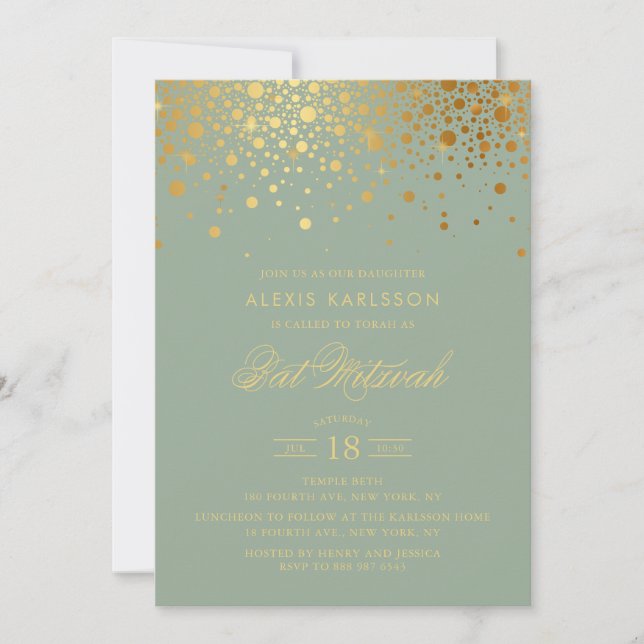 Faux Gold Foil Confetti Sage Green Bat Mitzvah Invitation (Front)