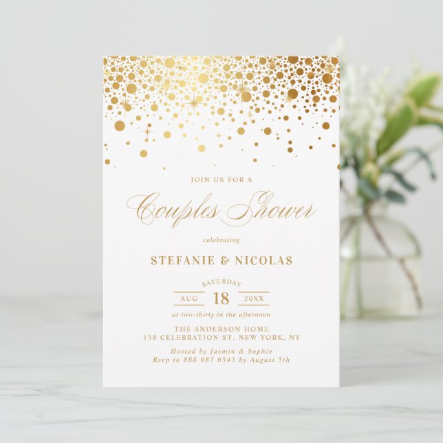 Faux Gold Foil Confetti White Couples Shower Invitation (Standing Front)