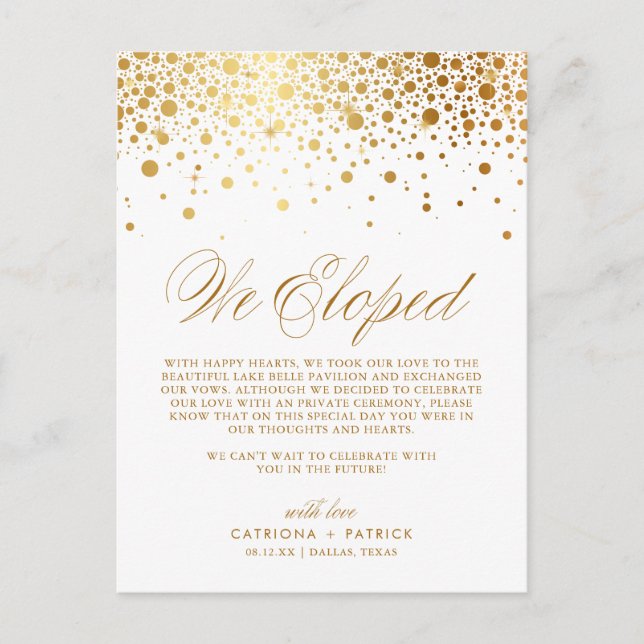 Faux Gold Foil Confetti White Wedding Elopement Announcement Postcard (Front)