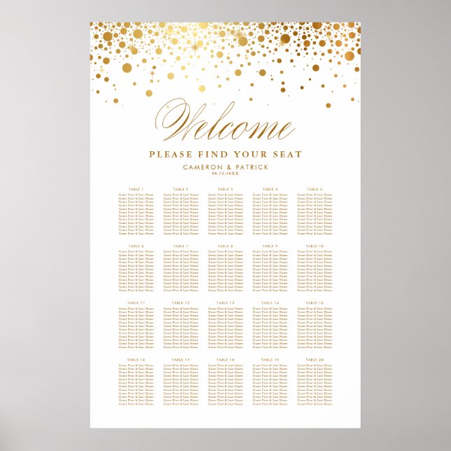 Faux Gold Foil Confetti White Wedding Seating Plan Poster (Front)