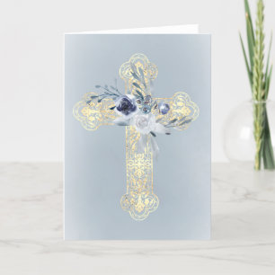 Faux gold foil Cross blue watercolor card