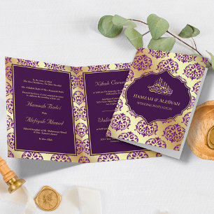 Faux Gold Foil Dark Purple Damask Muslim Wedding Invitation