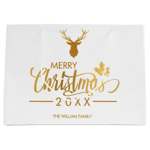 Faux Gold Foil Deer Merry Christmas Personalised Large Gift Bag