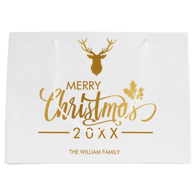 Faux Gold Foil Deer Merry Christmas Personalised Large Gift Bag (Front)