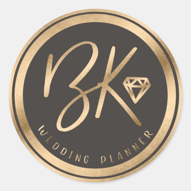 Faux Gold Foil Diamond & Black Custom Company Logo Classic Round Sticker (Front)