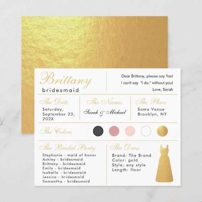 Faux Gold Foil Dress Bridesmaid Information Card (Front/Back)