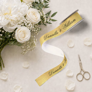 Faux Gold Foil Elegant Black Calligraphy Wedding Satin Ribbon