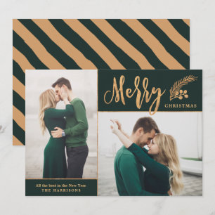 Faux Gold Foil Elegant Christmas Photo Green Holiday Card