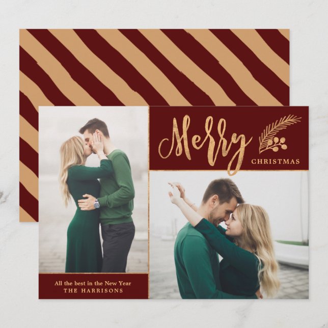 Faux Gold Foil Elegant Christmas Photo | Maroon Holiday Card (Front/Back)