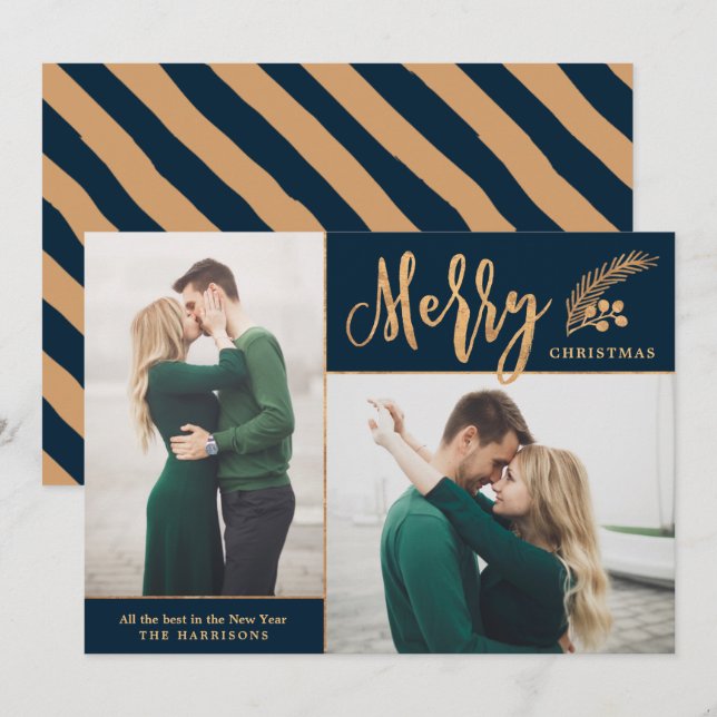 Faux Gold Foil Elegant Christmas Photo | Navy Holiday Card (Front/Back)
