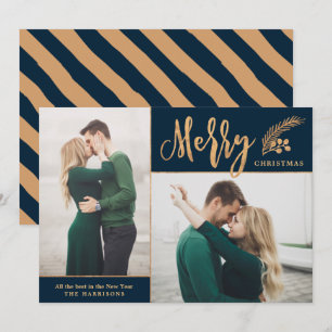 Faux Gold Foil Elegant Christmas Photo   Navy Holiday Card