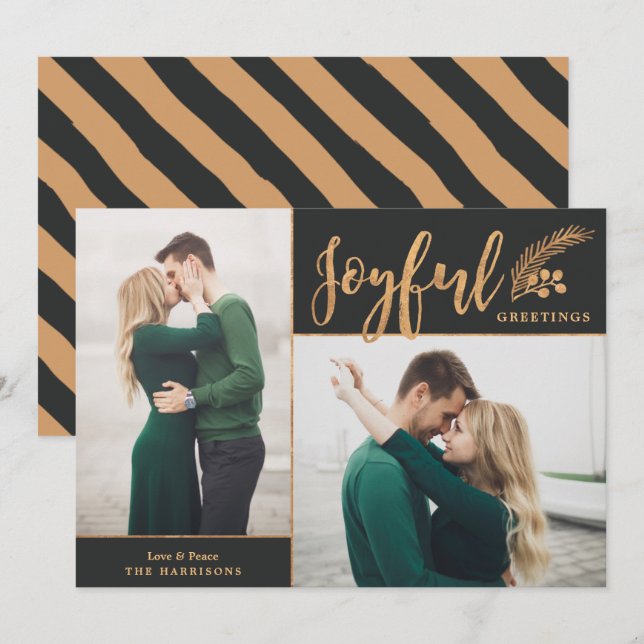 Faux Gold Foil Elegant Greetings Photo | Black Holiday Card (Front/Back)