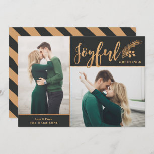 Faux Gold Foil Elegant Greetings Photo Black Holiday Card