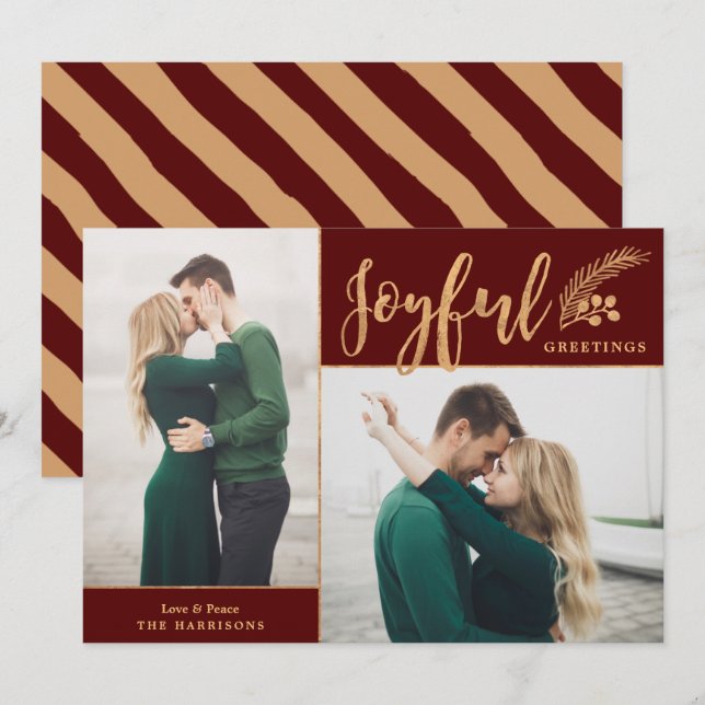 Faux Gold Foil Elegant Greetings Photo | Maroon Holiday Card (Front/Back)