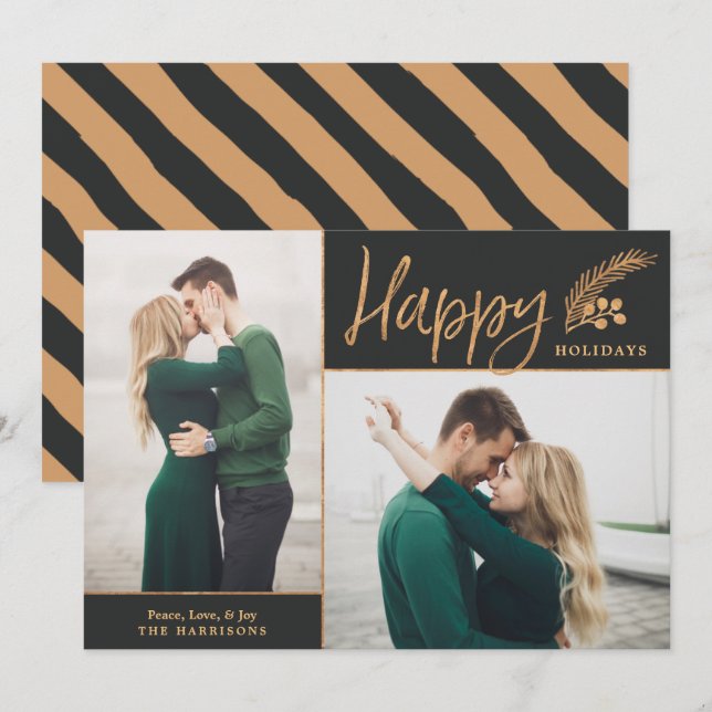 Faux Gold Foil Elegant Happy Photo | Black Holiday Card (Front/Back)