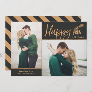 Faux Gold Foil Elegant Happy Photo   Black Holiday Card