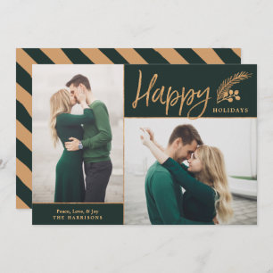 Faux Gold Foil Elegant Happy Photo   Green Holiday Card