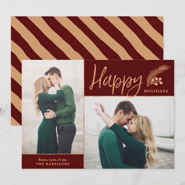 Faux Gold Foil Elegant Happy Photo | Maroon Holiday Card (Front/Back)