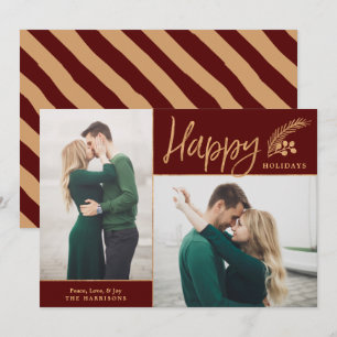 Faux Gold Foil Elegant Happy Photo   Maroon Holiday Card