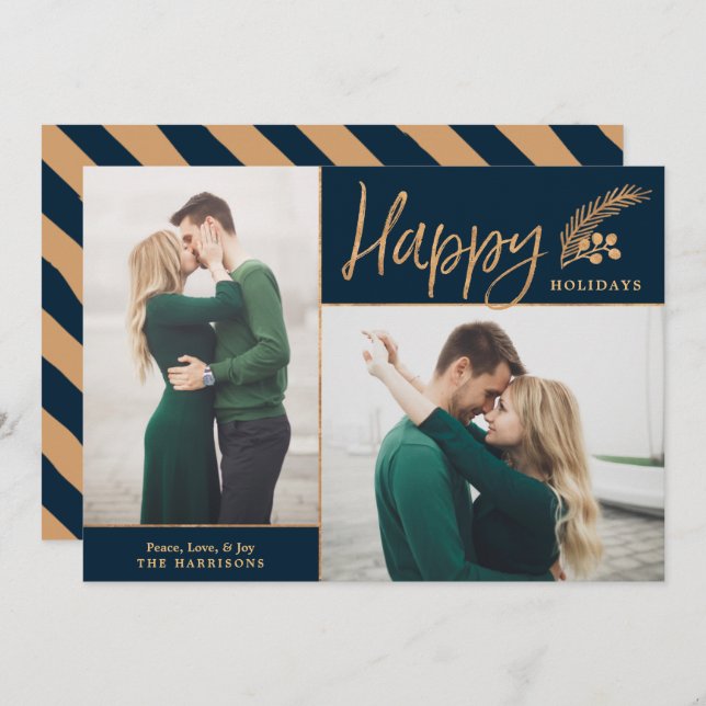 Faux Gold Foil Elegant Happy Photo | Navy Holiday Card (Front/Back)