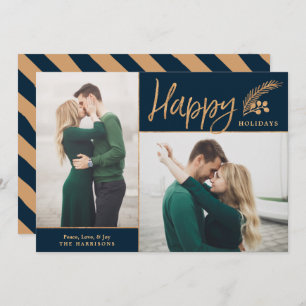 Faux Gold Foil Elegant Happy Photo Navy Holiday Card
