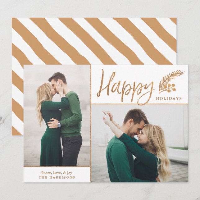 Faux Gold Foil Elegant Happy Photo | White Holiday Card (Front/Back)