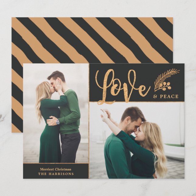 Faux Gold Foil Elegant Love Peace  Photo | Black Holiday Card (Front/Back)