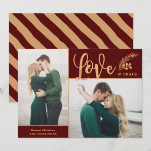 Faux Gold Foil Elegant Love Peace  Photo   Maroon Holiday Card