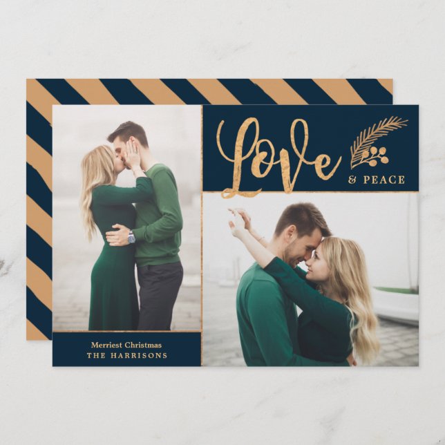 Faux Gold Foil Elegant Love Peace  Photo | Navy Holiday Card (Front/Back)