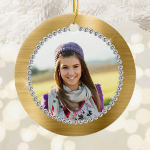 Faux Gold Foil Family Photo Monogram Ceramic Tree Decoration